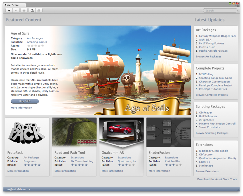 The Asset Store front page.