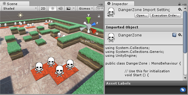 A skull and crossbones image has been assigned to a script. The icon is displayed over any GameObjects which have that script attached.