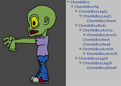 A character made up of several Sprites in a single Sorting Layer, using multiple Order in Layers to sort its body parts