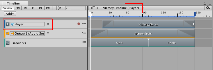 The Player GameObject (red) is attached to the VictoryTimeline Timeline Asset