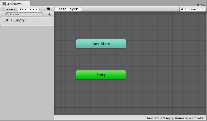 The Animator Window showing a new empty Animator Controller asset