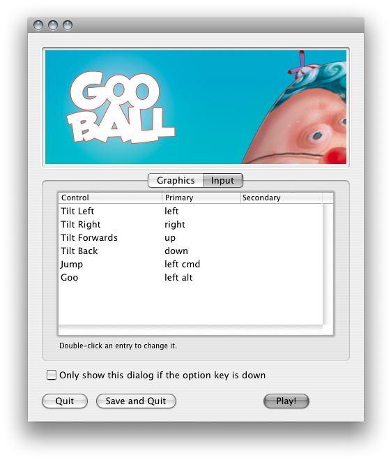 注意: これは古い画像です。この Input Selector は、2005 年のとても古いバージョンの Unity エディターのものです。GooBall は Unity Technologies のゲームです。