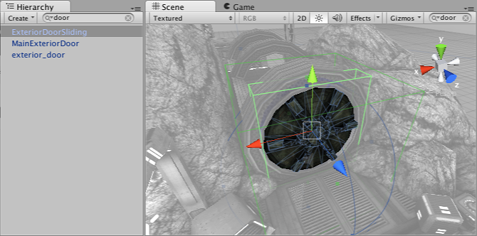 Scene and Hierarchy views with search filtering applied.