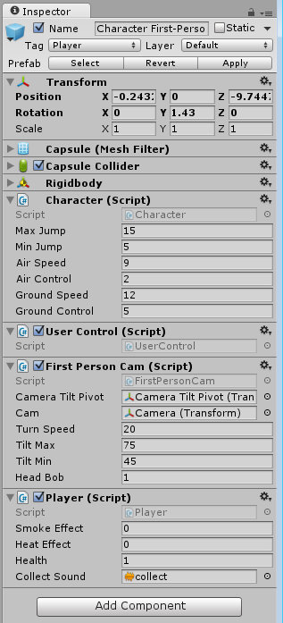 The Inspector window displaying settings for a GameObject with several custom scripts attached. The scripts’ public properties are available to edit