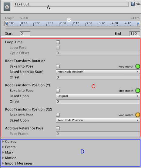 Import options for the selected Animation clip
