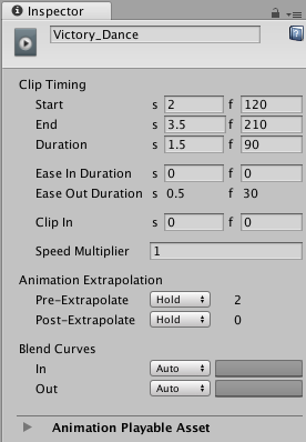 Inspector window when selecting an Animation clip in the Timeline Editor window