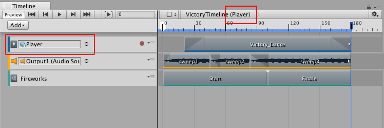 The Player GameObject (red) is attached to the VictoryTimeline Timeline Asset