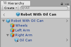 The Prefab Variant Robot With Oil Can in Prefab Mode. The “Oil Can” Prefab is added as an override to the base Prefab