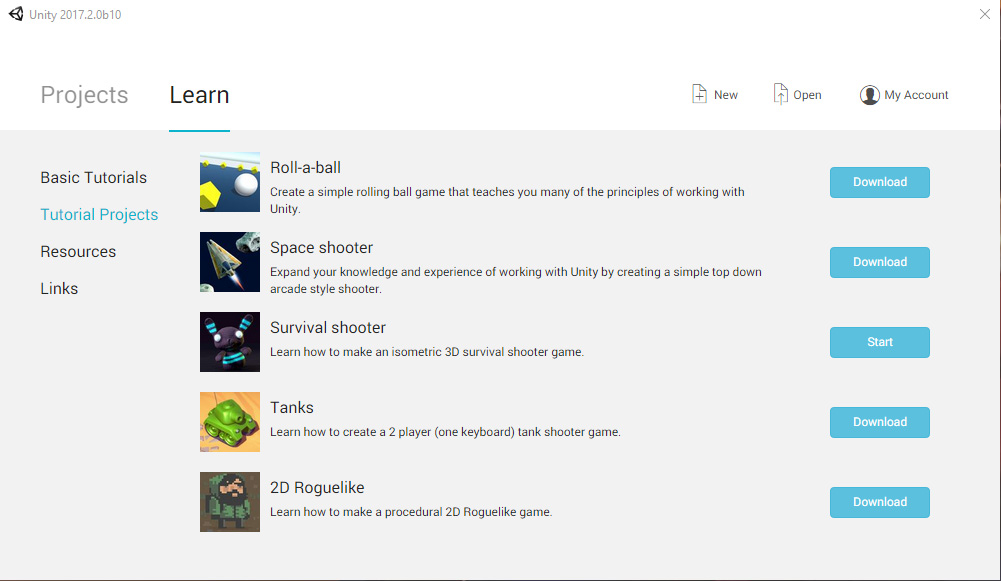The Tutorial Projects section of the Learn tab