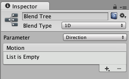 A Blend Node shown in the inspector before any motions have been added. The plus icon is used to add animation clips or child blend trees.