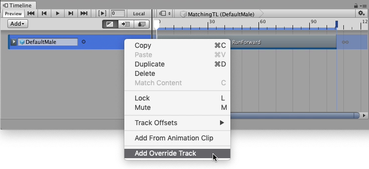To add an Override track, right-click the Animation track and select Add Override Track from the context menu
