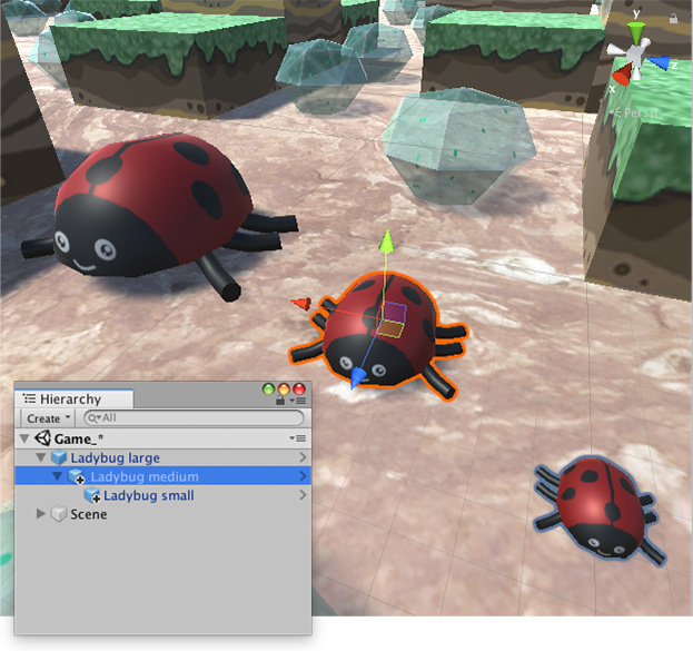 Selecting the medium ladybug highlights it in orange, and highlights its child GameObject (the small ladybug) in blue, but does not highlight its parent GameObject (the large ladybug). 