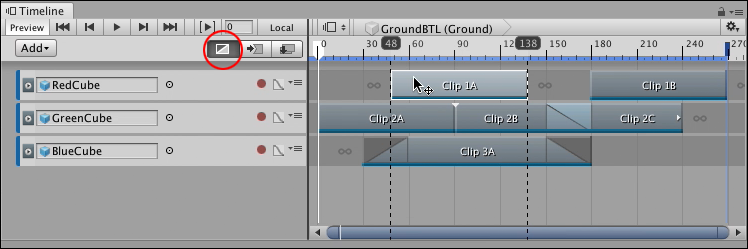 Select Mix mode (circled). Select and drag to position a clip.