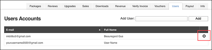 Each row displays the users email and full name and a delete icon appears on the right side