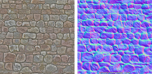 A stone wall texture and its corresponding normal map texture