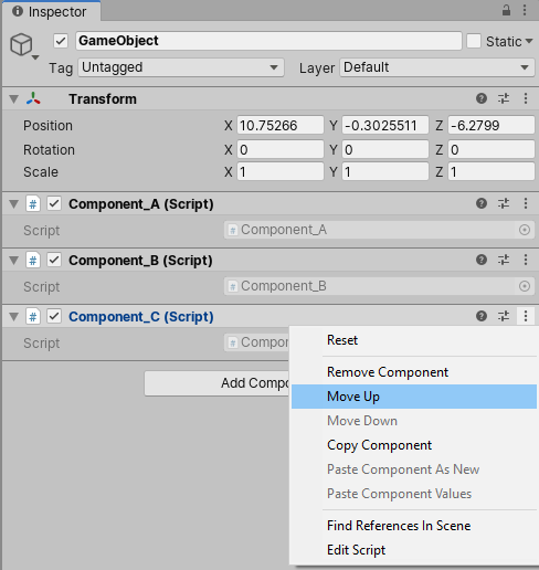 Using the Context menu to Move Up the component on the GameObject in the Inspector window
