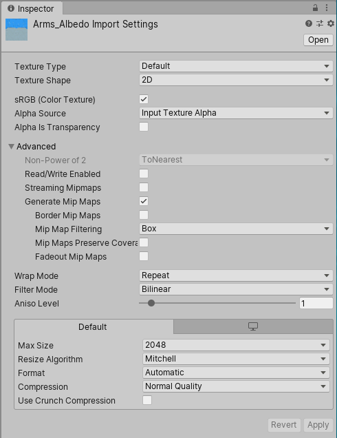 The Inspector window displaying the Import Settings for a Texture