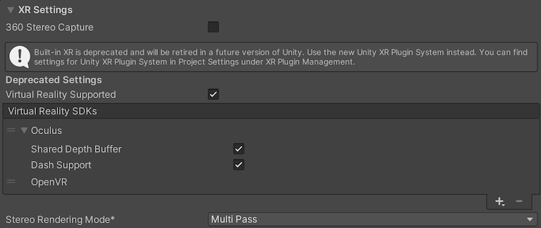 XR Settings for the Standalone Player