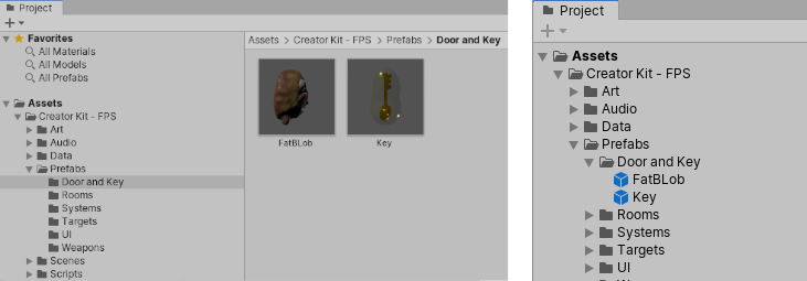 Two prefabs (FatBlob and “Key”) shown in the Project window in two-column view (left) and one-column view (right)