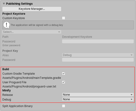 Gradle-specific settings in the Publishing Settings section of the Player settings window