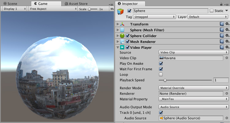 A Video Player component (shown in the Inspector window with a Video Clip assigned, right) attached to a spherical GameObject (shown in the Game view, left).