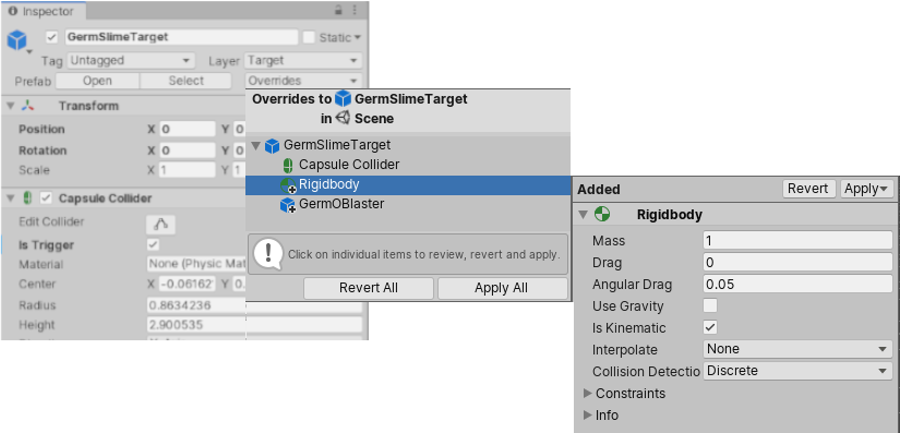 The overrides dropdown window with an added component override selected