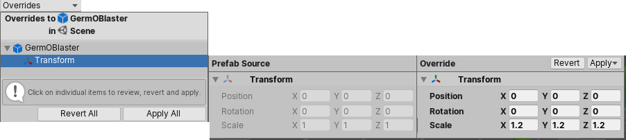 The Overrides dropdown with comparison view, showing modified values in the Transform component of a child GameObject of the prefab instance