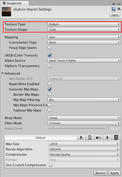 Cubemap texture import type