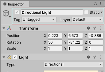 A typical GameObject viewed in the Inspector. In this case, a directional light. The Scene status properties are outlined in red.