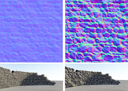 Low and High Bumpiness settings when importing a height map as a normal map, and the resulting effect on the model.