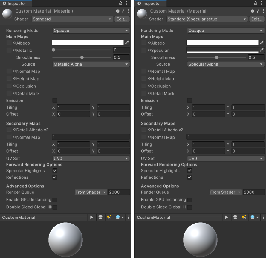 The smoothness parameter, shown in both Metallic & Specular shader modes.