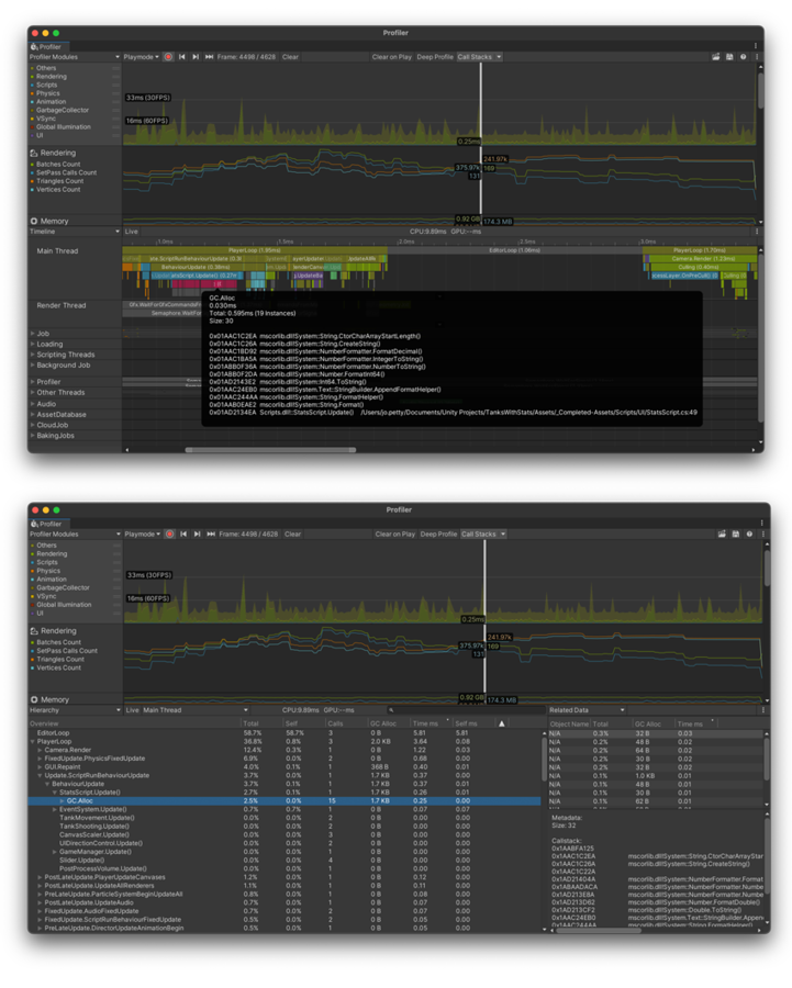 Callstack in the Timeline view (top) and Hierarchy view (bottom)