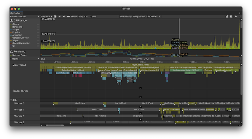 The Timeline CPU Profiler view with Flow Events enabled. Note the white event markers on some of the Profiler samples.