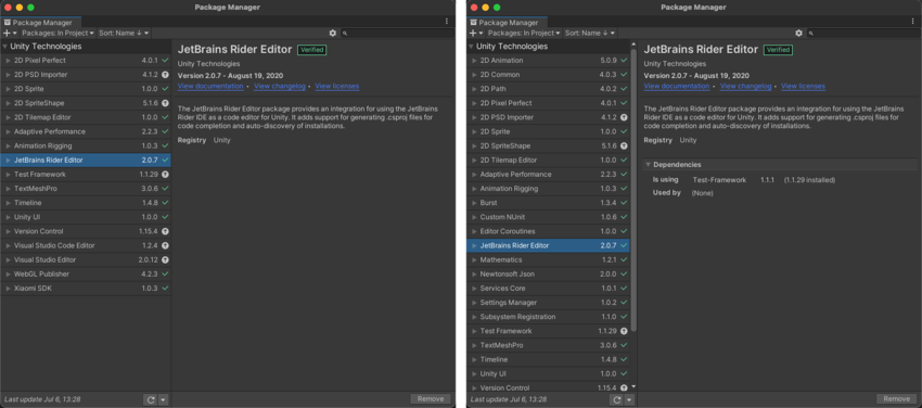 The same project with Show Dependencies disabled (left) and Show Dependencies enabled (right)