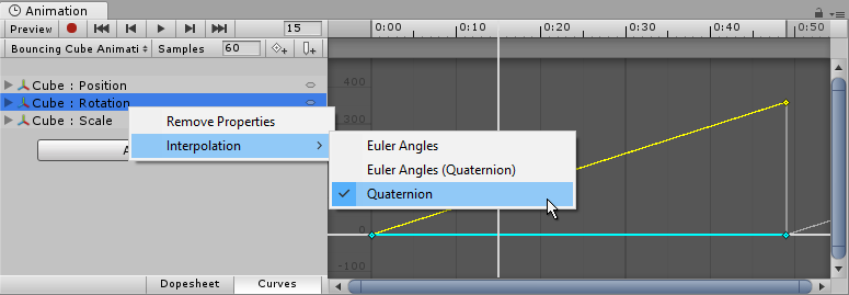 Transform rotations can use Euler Angles interpolation or Quaternion interpolation.
