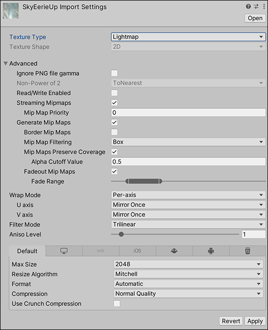 Settings for the Lightmap Texture Type