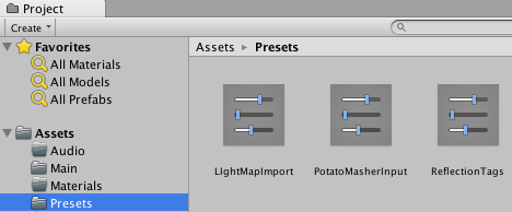 Example of Preset assets in the Project window, organized in a Presets sub-folder