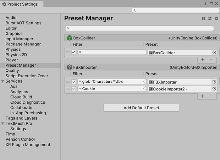 Preset Manager window