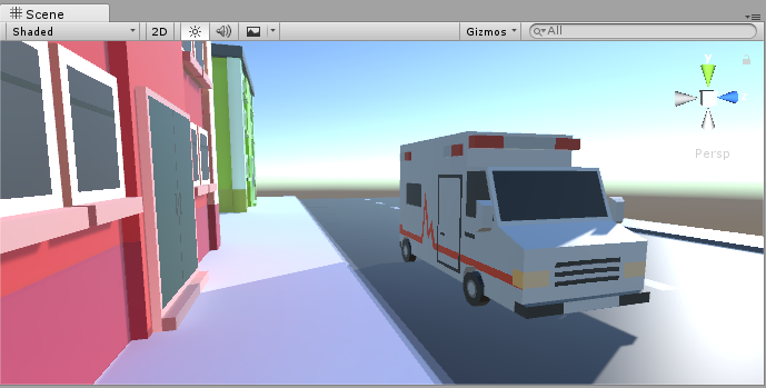 The side of the ambulance is a flat grey color, even though it should be receiving some bounced red light from the front of the building.