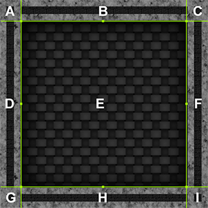 A 9-sliced Sprite, split into nine sections