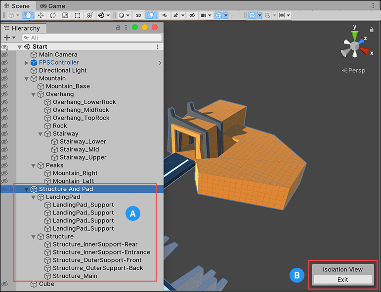 Isolation view overrides Scene visibility settings so only the selection and its children (A) are visible.<br/>Clicking the Exit button (B) reverts to the previous Scene visibility settings.