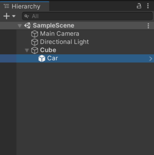 In this image, the Cube GameObject is the default parent. When the user drags the Car GameObject into the Scene view, Unity automatically makes it the child of the Cube GameObject.