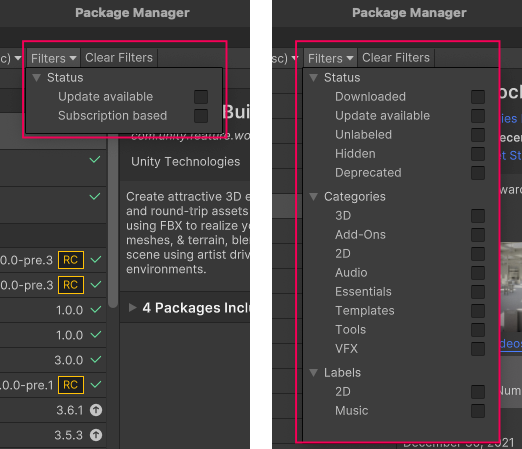 Filter controls for Unity Registry and In Project (left) and My Assets (right)