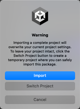 Dialog box for importing a complete project