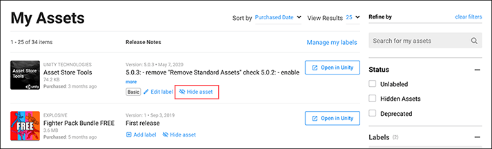 The Hide asset link and the Hidden Assets status checkbox in the My Assets list on the Asset Store