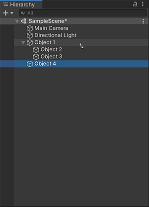 Drag Object 4 (selected) onto the parent GameObject, Object 1 (highlighted in a blue) to create a child GameObject.