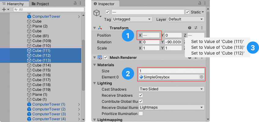 Inspector showing multiple selected GameObjects