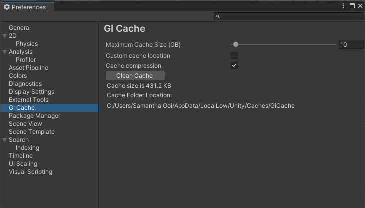 GI Cache scope on the Preferences window