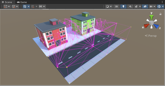 Light Probes placed with varying density around a simple Scene