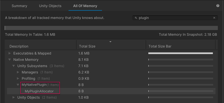 The Memory Profiler package window displaying the memory used by a user-defined allocator named Plugin Backend Allocator.